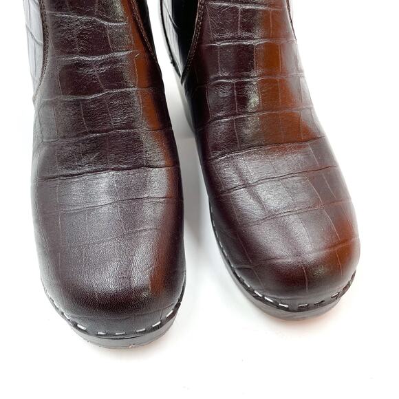 Swedish Hasbeens Zip It Emy Boots Croc Leather Dark Brown Platform Sz 37 / 7 - Picture 4 of 10